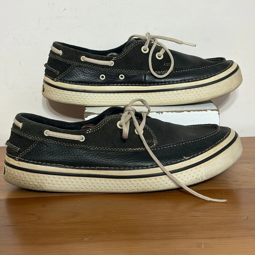 Crocs Harborline Mens Boat Shoes Leather Suede Loafers Black Tan 12595 Size 12